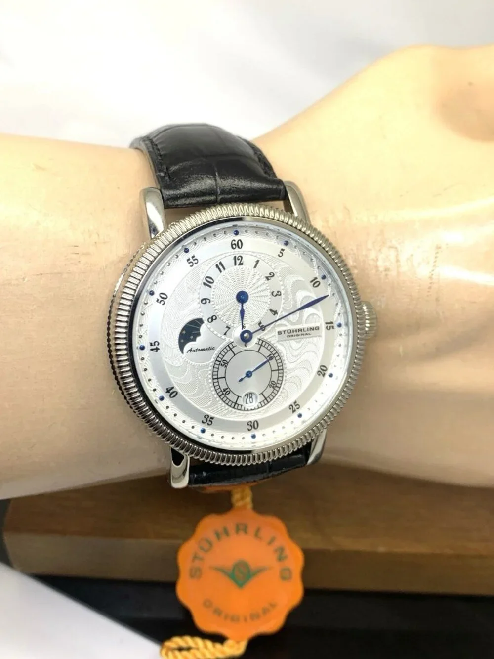 Stuhrling Men's Watch 97 Automatic Silver Dial Day Night Black Leather Band 40mm